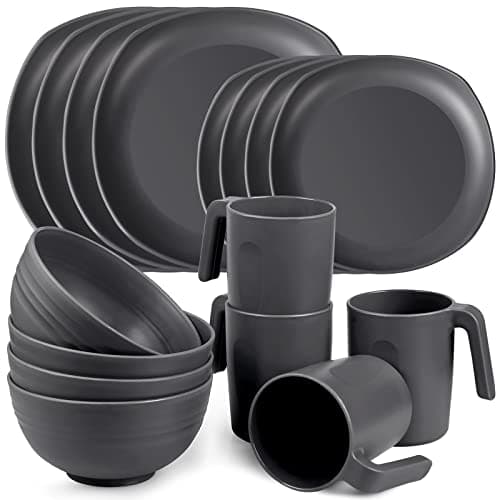 Image of Greentainer Unbreakable Lightweight Dinnerware Sets, Plastic Dinner Set, 4 Dining Plates, 4 Bowls, 4 Cups, Microwave and Dishwasher Safe, Camping Tableware for Kids and Adults, Service for 4(Grey)
