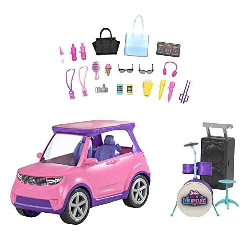 Image of Barbie: Big City, Big Dreams Transforming Vehicle Playset, Pink 2-Seater SUV Reveals Stage, Drum Set & Concert-Themed Accessories, Gift for 3 to 7 Year Olds, GYJ25