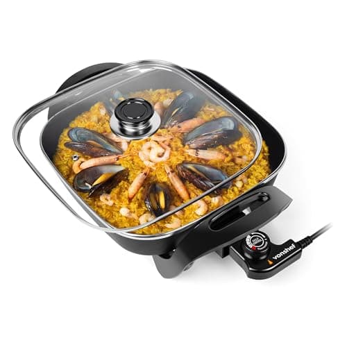 Image of VonShef Electric Frying Pan 5L – 30cm Multi Cooker, Non-Stick Electric Skillet with Glass Lid & Adjustable Temperature, Easy Clean, Cool Touch Handles & Detachable Power Cable for Serving – 1500W