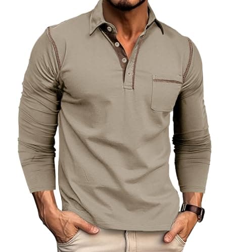 Image of Rodawu Mens Long Sleeve Polo Shirts Cotton Polo T-Shirts Golf Tops Grandad T Shirt Khaki Polo Shirt Men 2XL