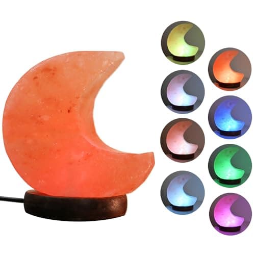 Image of FANHAO Moon Shaped Himalayan Salt Lamp with 8 Color Changing, USB Salt Rock Lamp Night Light for Gift and Home Decor, Neem Wooden Base
