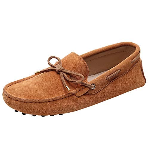 Image of Jamron Women's Classic Suede Bow Tie Loafers Comfort Handmade Slipper Moccasins Tan 24208-2 UK6.5