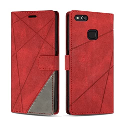 Image of SONWO Case for Huawei P10 Lite, PU Leather Flip Wallet Case Magnetic Closure Cover Card Slots Phone Case for Huawei P10 Lite, Red