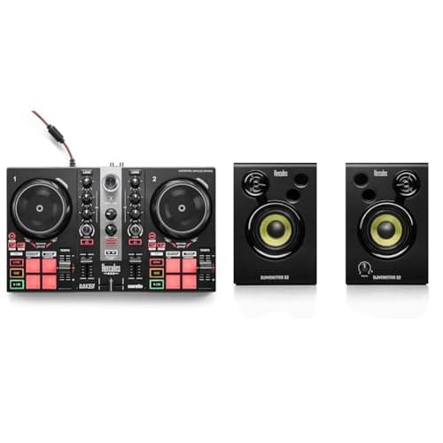 Image of Hercules DJControl Inpulse 200 MK2 — Ideal DJ Controller for Learning to Mix & DJMonitor 32-2 x 15 watts RMS active monitoring speakers - UK Version, Black