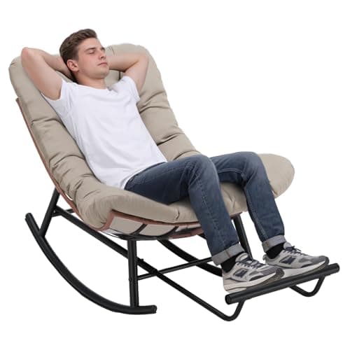Image of COMHOMA Outdoor Rocking Chair with Thick Cushion, Patio Rattan Wicker Rocker Chair, 360° Swivel Papasan Lounge Chair with Metal Frame, Recliner for Garden, Backyard, Balcony, Living Room