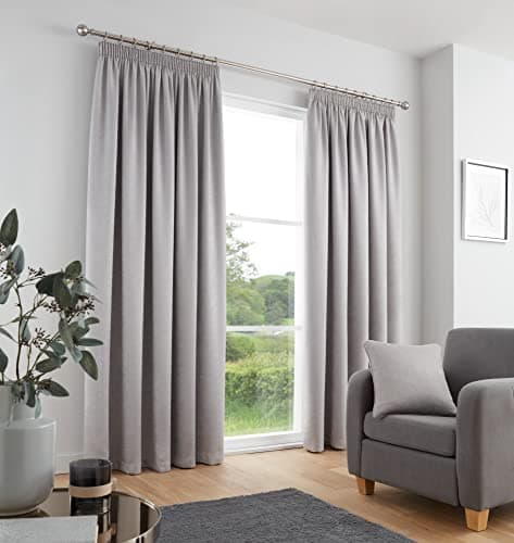 Image of Fusion Silver Pencil Pleat Curtains W90 x L72" (229x183cm) – 100% Cotton – Thermal & Soundproof – 2 Panels – Light Grey Bedroom Drapes – Lined Window Curtains – Classic Pleated Design