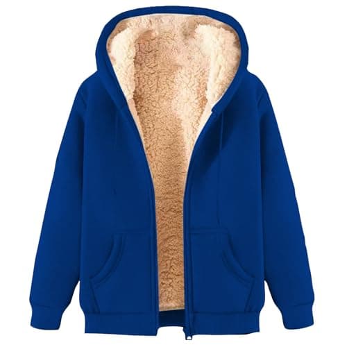 Image of ladies fleece Womens Teddy Fleece Hoodies Sherpa Lined Fuzzy Sweatshirts with Pockets Full Zip Hooded Jacket Ladies Winter Warm Jumper Coat Outwear Thermal Outfits Blue 3XL