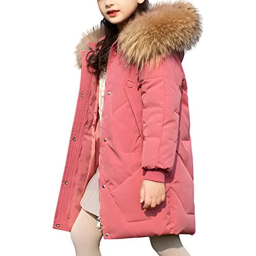 Image of amropi Girls Winter Coat Puffer Jacket Padded Long Overcoat with Fur Hood (Pink,13-15Years)