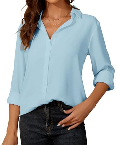 Image of SPRING SEAON Womens Blouse Long Sleeve Chiffon V-Neck Button Down Shirt Casual Office Work Tops for Ladies Light Blue