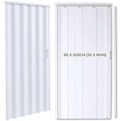 Image of NOVECRAFTO PVC Folding Door, 32 x 80 in – Smooth Glide, Magnetic Closure, Moisture-Resistant, Easy Installation, Space-Saving – Wood Effect Concertina Accordion Sliding Door (White)