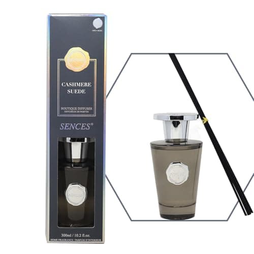 Image of Sences Luxury Reed Diffuser 300ml - Scented with Cashmere Suede, New Long-Lasting Natural Aroma, Premium Essential Oils, Elegant Glass Bottle, Ideal for Home, Office & Spa, Warm & Luxurious Fragrance