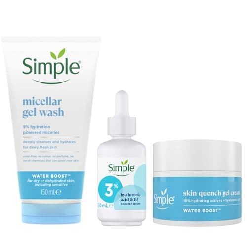 Image of Simple Water Boost Skin Quench Gel Face Cream for Dry Skin 50 ml + 3% Hyaluronic Acid + B5* Booster Serum Serum 30 ml & Micellar 100% Soap-Free Face Cleanser 150 ml