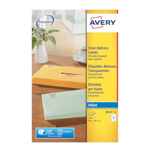 Image of Avery Self-Adhesive Clear Address Labels for parcels envelopes and Crafting 14 Labels Per A4 Sheet -Transparent Stickers (J8563-25)