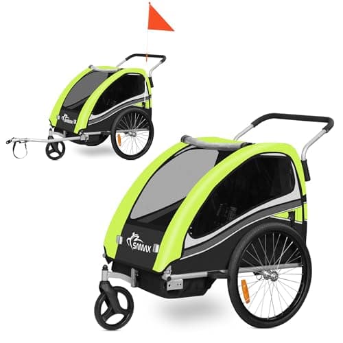 Image of SAMAX Children Bike Trailer 2in1 Kids Jogger Stroller with Suspension 360° rotatable Childs Bicycle Trailer Transport Buggy Carrier for 2 Kids in Green - Black Edition