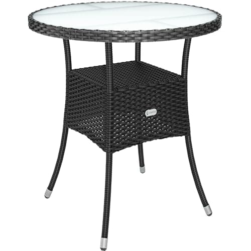 Image of CASARIA® Round Coffee Table | Garden Table With Frosted Safety Glass Plate | Poly Rattan Outdoor Side Table | Weatherproof Patio Furniture | Balcony Bistro Cafe | 60cm | Black