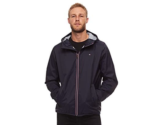 Image of Tommy Hilfiger Men's Lightweight Active Water Resistant Hooded Rain Jacket, Navy, L