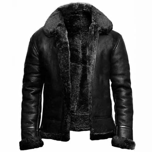 Image of FGRID Men's Sheepskin Leather Jacket with Fur Collar, Vintage Lapel Fleece Lined Faux Fur PU Overcoat Warm Zip Up Leather Short Biker,Black,M