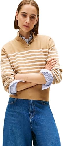 Image of Tommy Hilfiger Women’s Jersey Gold Jumper with Mock Neck, Beige (Placed Thin Beige STP Sweaters), M