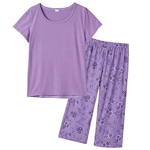 Image of MyFav Women's Short Sleeve Pyjama Sets Lounge Sleepwear Top with Capri Pants Pjs Sets(Purple,XXL)