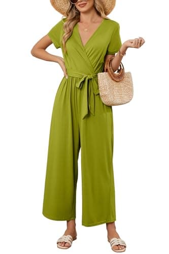 Image of OUGES Summer Jumpsuits for Women UK Short Sleeve Casual Jersey Playsuit With Pockets Green, M