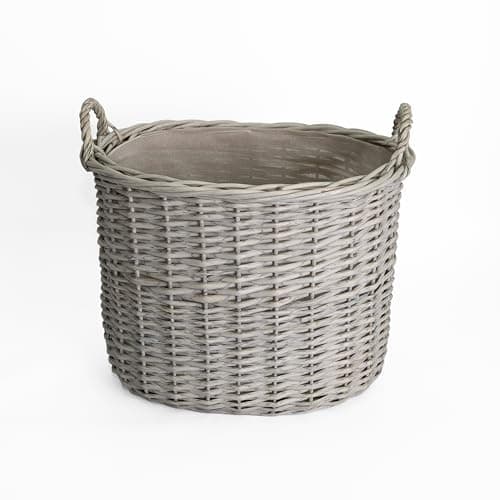 Image of Wickerfield Grey Wash Wicker Storage Basket, Wicker Log Baskets with Handle & Lining, Willow Storage Basket for Laundry Toys Blankets Logs (Oval, Medium)