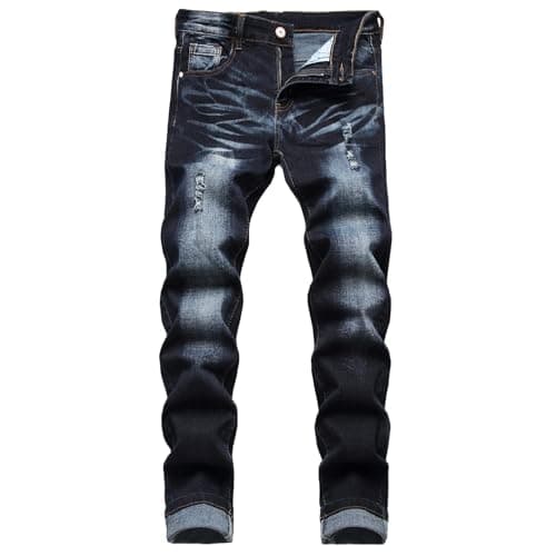 Image of JENY-LUCK Men's Stretch Skinny Jeans Slim Fit Distressed Tapered Leg Stretch Biker Denim Pants Men's Ripped Slim Fit Skinny Destroyed Distressed Straight Leg Jeans
