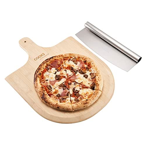 Image of Cooks Professional Bamboo Pizza Board & Stainless-Steel Cutter Set | Modern Stylish Design Versatile Wooden Serving Tray 35 x 33cm with Rocking Cutting Tool