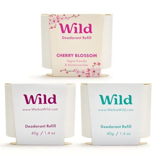 Image of Wild - Natural Refillable Deodorant Variety Pack - Aluminium Free - Scents Include Fresh Cotton & Sea Salt, Cherry Blossom and Coconut & Vanilla Scents - Long Lasting Protection