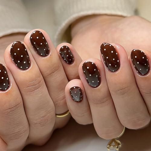 Image of Auroriel 24 Pieces Brown Press On Nails Short Oval Polka Dots Design Full Cover Reusable Artificial Nails Glue Tabs Easy Application for Women Autumn Manicure