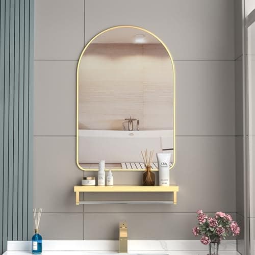 Image of NILoykg& Bathroom Mirror With shelf,Metal Deep Frame Wall Mirror, Modern Elliptical shape HD Vanity Mirror,Suitable for Bathroom, Bedroom, Living Room Decorative Mirror,gold+shelf,40x50cm