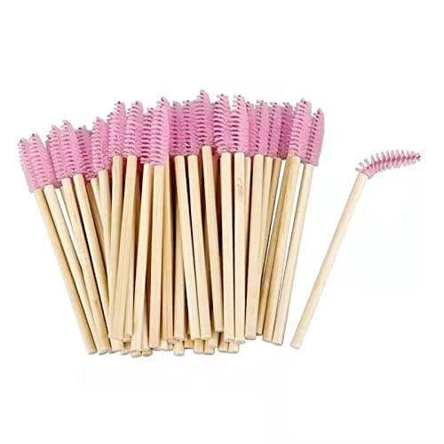 Image of 50 Pcs Disposable Eyelash Brushes Bamboo Lash Mascara Wands Eye Lash Eyebrow Applicator Brush for Eyelash Extension Makeup Applicators Kits, pink