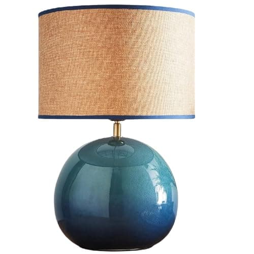 Image of Britalia Glossy Blue Ceramic Table Lamp with Linen Drum Shade, 44cm x 30cm, 2.4kg