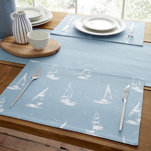 Image of Catherine Lansfield Salcombe Boats Cotton 30x46cm Dining Placemat 4 Pack Blue