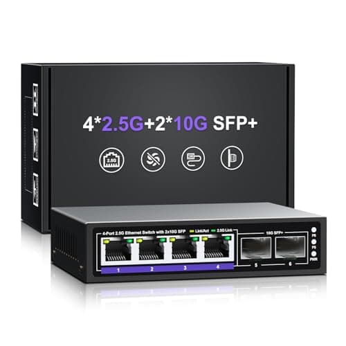 Image of 6 Port 2.5G Unmanaged Ethernet Switch, 4 x 2.5G Base-T Ports, 2 x 10G SFP+, Compatible with 100/1000/2500Mbps, Metal Fanless, Desktop/Wall Mount NICGIGA 2.5Gbe Network Switch for Wireless AP, NAS, PC