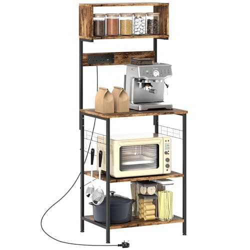 Image of HOMCOM Kitchen Storage Rack, Bakers Rack with Power Outlet, USB Charger, Industrial Microwave Stand with Countertop, 4 Shelves, 5 Hooks, Steel Frame, 60 x 42 x 153 cm, Rustic Brown