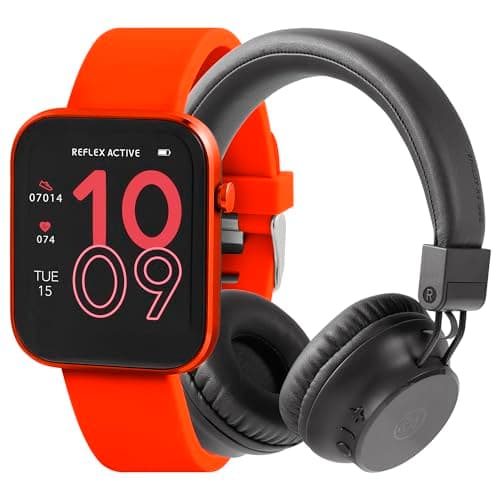 Image of Reflex Active Series 12 Red Strap Smart Watch and Wireless Foldable On Ear Headphones with Built in Mic Bundle Gift Set