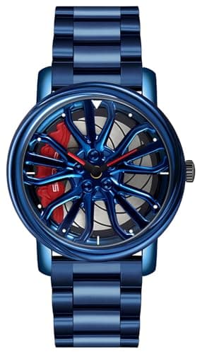 Image of Gosasa Men's Racing Watches, Rotating, Car, Rim, Wheel Hub, Design, Sports Watches, Stainless Steel, Waterproof Watch, blue / red