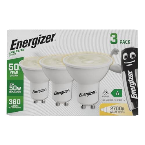 Image of Energizer Ultra Efficient - 50 Year Life Span - GU10 LED Bulbs - Ideal LED Light Bulbs for Fittings Featuring a GU10 LED Bulb. Ultra Low Energy. Next Generation - Warm White - 3 Pack