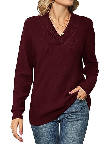 Image of IECCP Women's Jumpers V Neck Long Sleeve Tops Women Solid Color Pullover Lapel Knit Sweater Wine Red M
