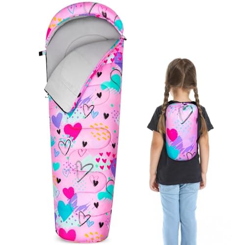 Image of MHJY Kids Sleeping Bag for Girls Boys 3 Season Warm & Cool Weather Youth with Backpacking Bag Waterproof for Traveling Hiking Outdoor Camping Essentials