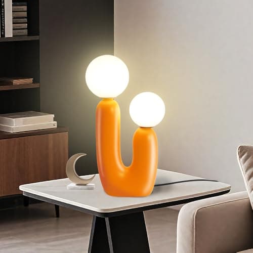 Image of TONGNIDA LED Table Lamp Cute Cactus Bedside Lamps,Modern Decor Mushroom Bed Side Lamps for Bedroom,Orange Resin Desk Lamp with 2 Globe Lampshades,Funny Gifts for Kids Family,G9 Base