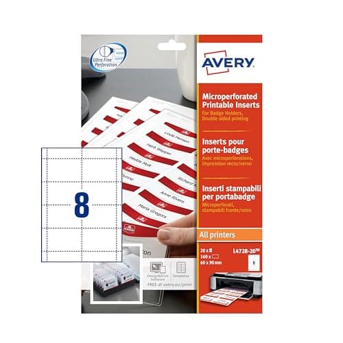 Image of Avery L4728-20 Printable Name Badge Insert Refills – 90 x 60 mm, White, Pack of 160 Inserts