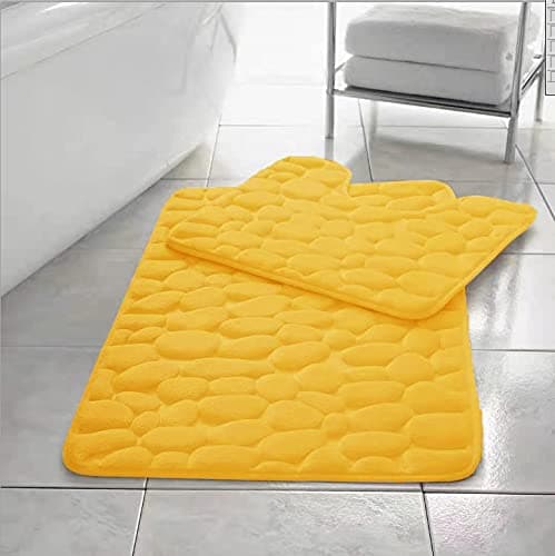 Image of NIGHTZONE Pebble Stone Bath Mat Set Non Slip Pedestal Extra Absorbent 100% Memory Foam Bathroom Toilet Rug Ochre