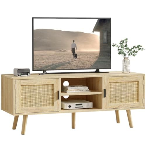 Image of Skokliz TV Unit, 120cm TV Stand Cabinet for TVs up to 55inch, Rattan TV Console with 2 Doors and 2 Open Shelves, Boho Media TV Cabinets for Living Room, Multimedia Centres for for Bedroom, Oak