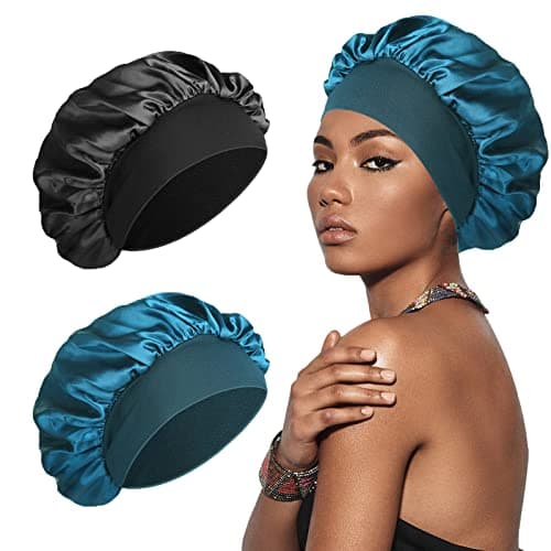 Image of SWEET VIEW Silk Bonnet, Silk Hair Wrap for Sleeping, Soft and Comfortable Satin Sleep Cap, Black, Peacock Blue