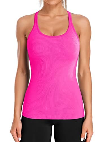 Image of ATTRACO Ladies Workout Tank Tops with Built in Bras Running Shirts Sport Vest Yoga Gym Tops Pink
