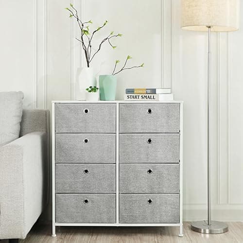 Image of SONGMICS Chest of Drawers, Storage Unit with 8 Easy Pull Fabric Drawers, Dresser, Organiser Unit with Metal Frame, Tabletop, for Closet, Nursery, Light Grey and White LTS24W