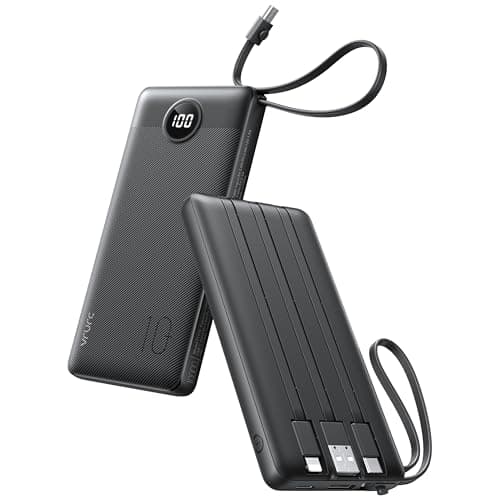 Image of VRURC 10000mAh Power Bank With Built in Cables,USB C Battery Pack Portable Charger with 5 Outputs 2 Inputs Powerbank LED Display compatible with iPhone 17 16 15 14, Samsung,Android-Dark(1 Pack)