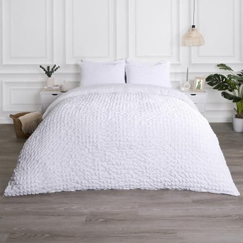 Image of OHS White Bedding Super King Duvet Set, Geometric Seersucker Duvet Cover Luxurious Embossed Waffle Bedding Super King Quilt Cover with Matching Pillowcases