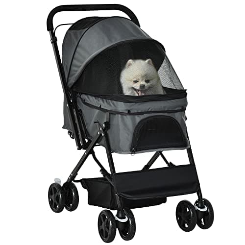 Image of PawHut Dog Stroller, Pet Stroller, Foldable Dog Cat Travel Pushchair with Reversible Handle, EVA Wheels, Brake, Basket, Adjustable Canopy, Safety Leash, for Small Dogs, Grey